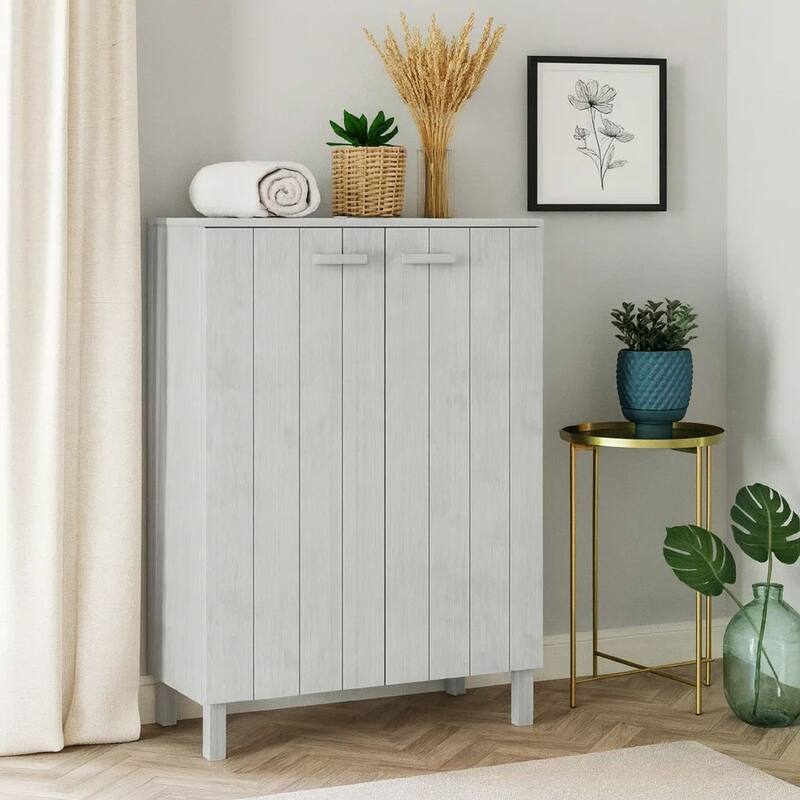 Accent Shoe Cabinet, 2 Doors, Farmhouse White Solid Pine Wood