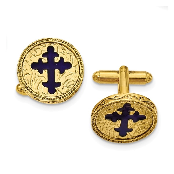 14k Gold IP Blue Enameled Cross Cuff Links