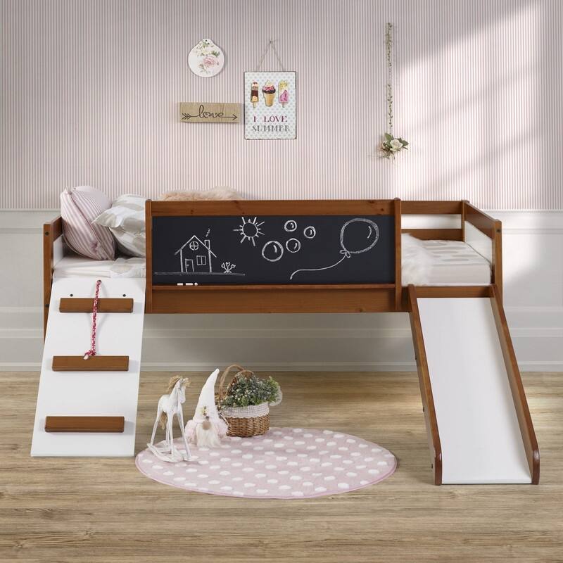 Junior Twin Low Loft with Slide & Chalkboard in Espresso