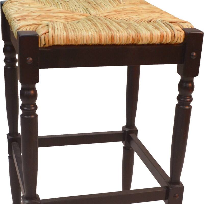 Solid Wood Rush Seat Backless Counter Height Stool with Footrest