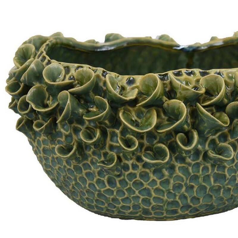 Nina Decorative Bowl, Textured Green Ceramic, Abstract Floral 13 Inch