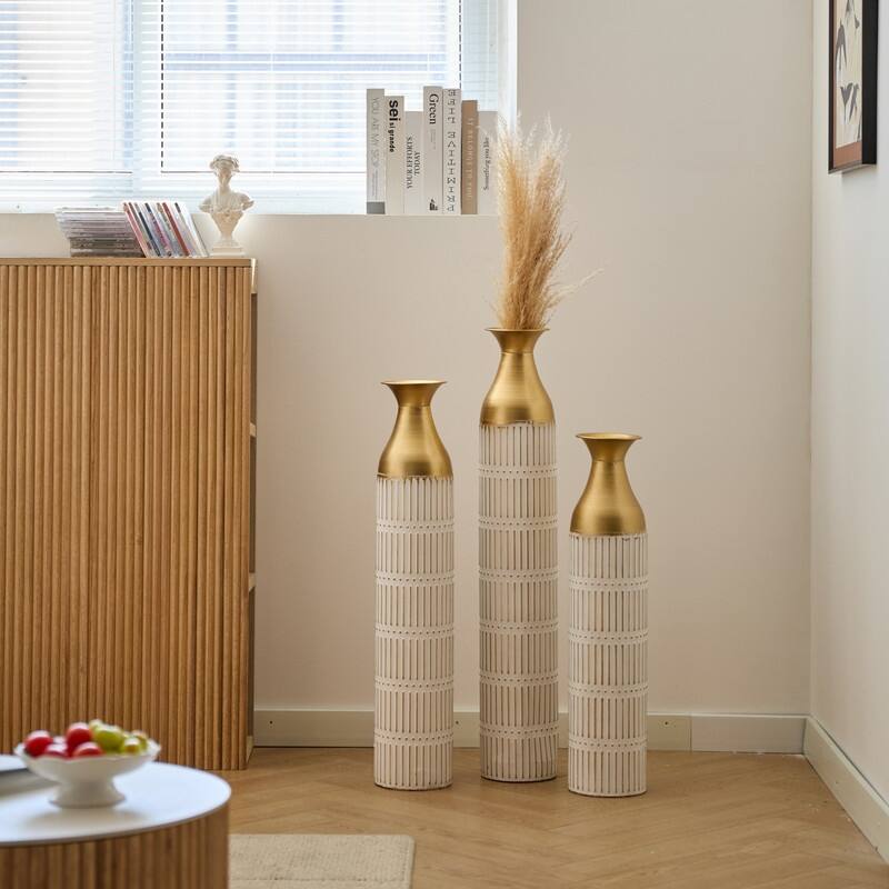 Set of 3 Tall White & Gold Metal Cylinder Vases - Glam Geometric Floor Vases for Modern Home Decor (24", 28.7", 33.4" Heights)
