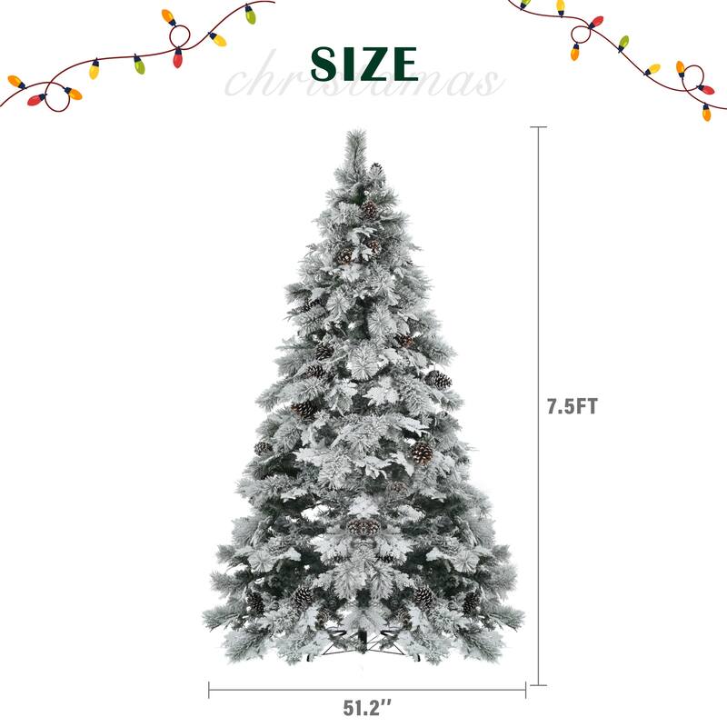 Artificial Snow Flocked Christmas Tree with Pine Cones, LED Lights, Warm & Colorful