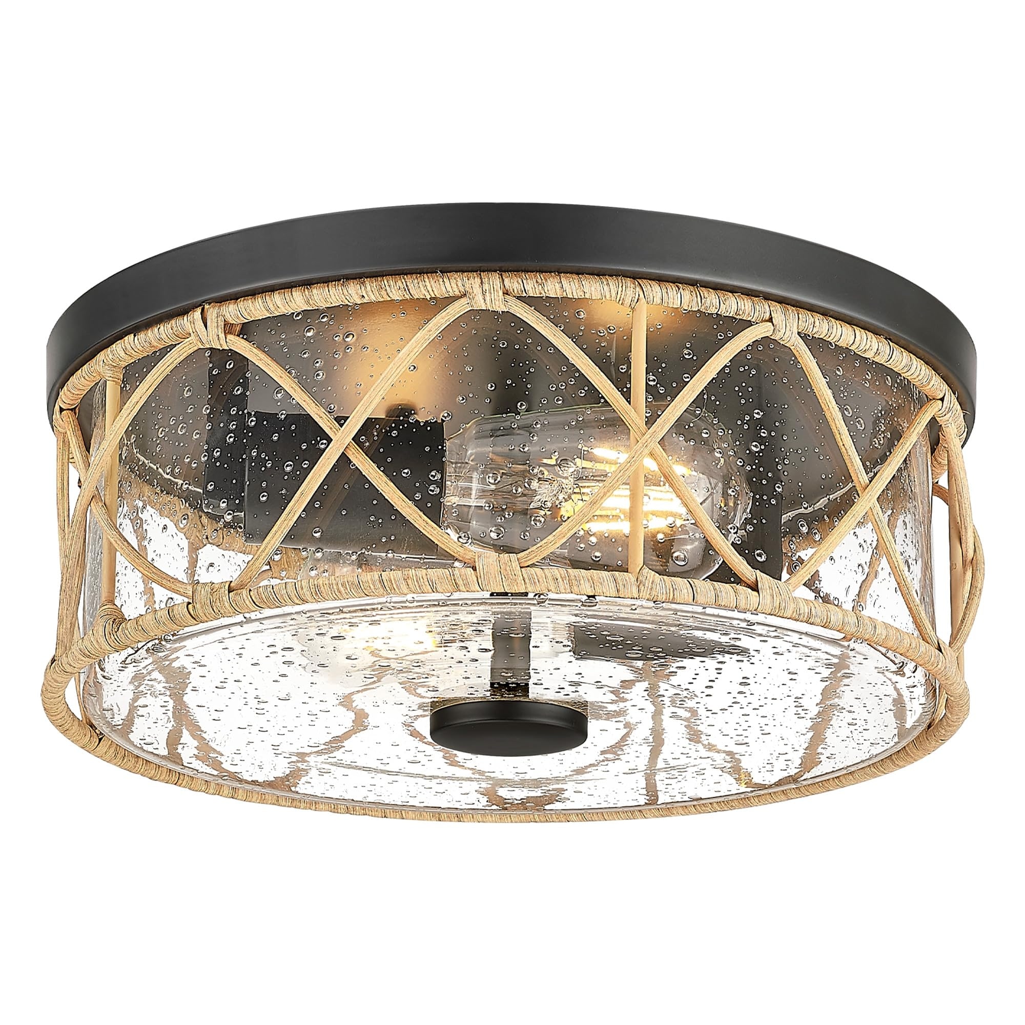 12 Inch 2-Light Rattan Black Ceiling Light