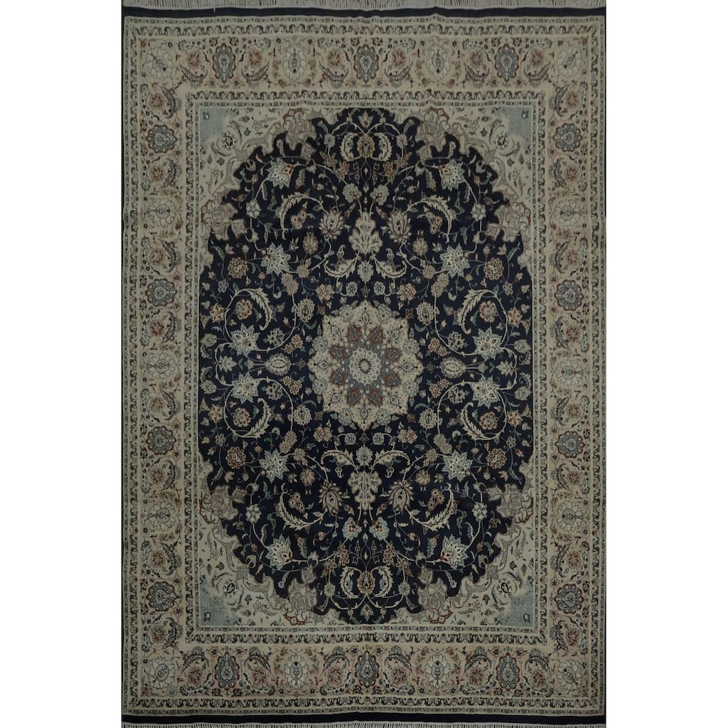 Hand Knotted Oriental 100% Wool Carpet Traditional Floral Navy Blue & Blues Nain Area Rug - 10' 4'' X 8' 0''