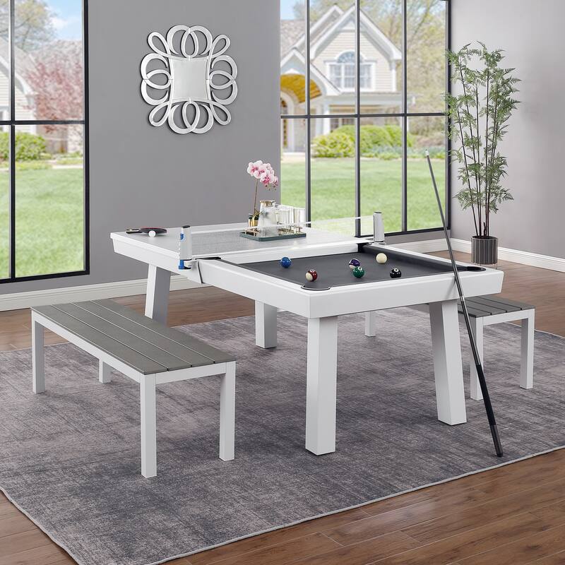 Newport Outdoor 8ft Slate Pool Table Dining Set with 2 Benches & Accessories, White Finish - White/Grey