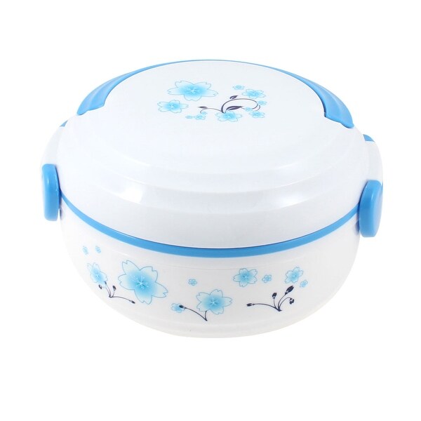 Unique Bargains White Blue Flower Pattern Blue Upper Layer Ornament Lunch Box w Spoon