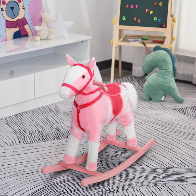 Pink-White Rocking Horse for Kids with Sound Effects Soft Seat and Wooden Frame - 30.75" L x 11" W x 26.75" H