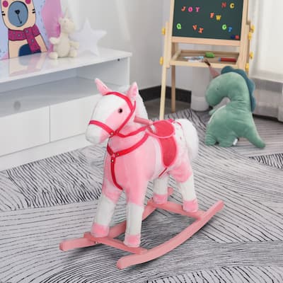 Pink-White Rocking Horse for Kids with Sound Effects Soft Seat and Wooden Frame - 30.75" L x 11" W x 26.75" H