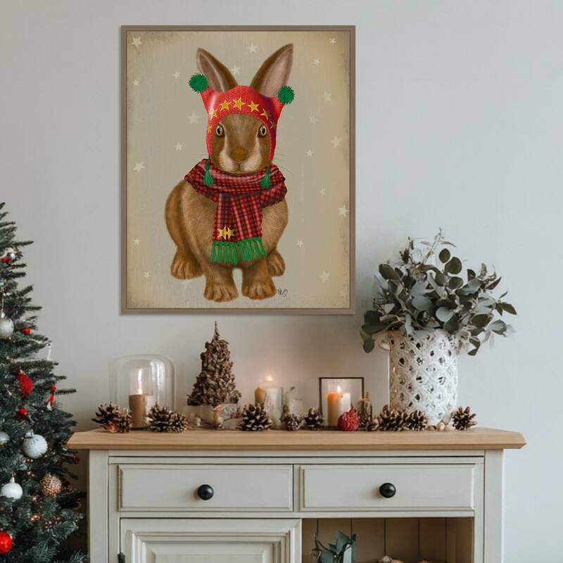 Bunny and Bobble Hat by Fab Funky (23 x 28 in.), Framed Canvas Wall Art Print - Sylvie Dark Gold