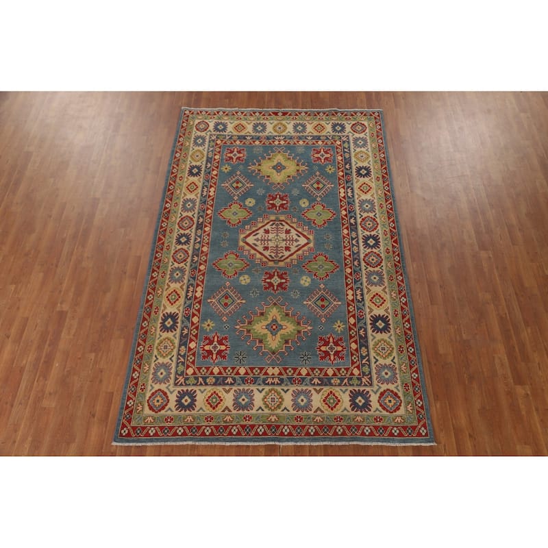 Blue Traditional / Geometric Kazak Area Rug Handmade Wool Carpet - 5'11" x 9'5"