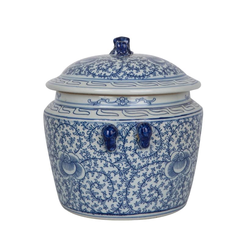 Blue and White Lidded Rice Jar Floral Motif