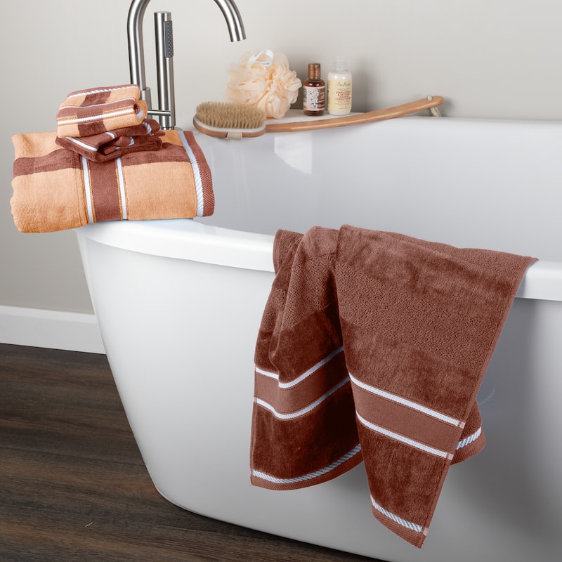 6PC Towel Set - Absorbent Cotton Bathroom Accessories Solid and Striped Towels by Windsor Home