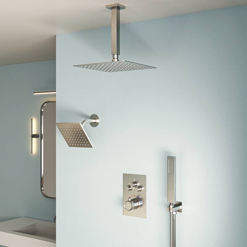 Dual Heads 12" Rainfall Shower head & High Pressure 6" Shower System w/ 3 Way Thermostatic Faucet