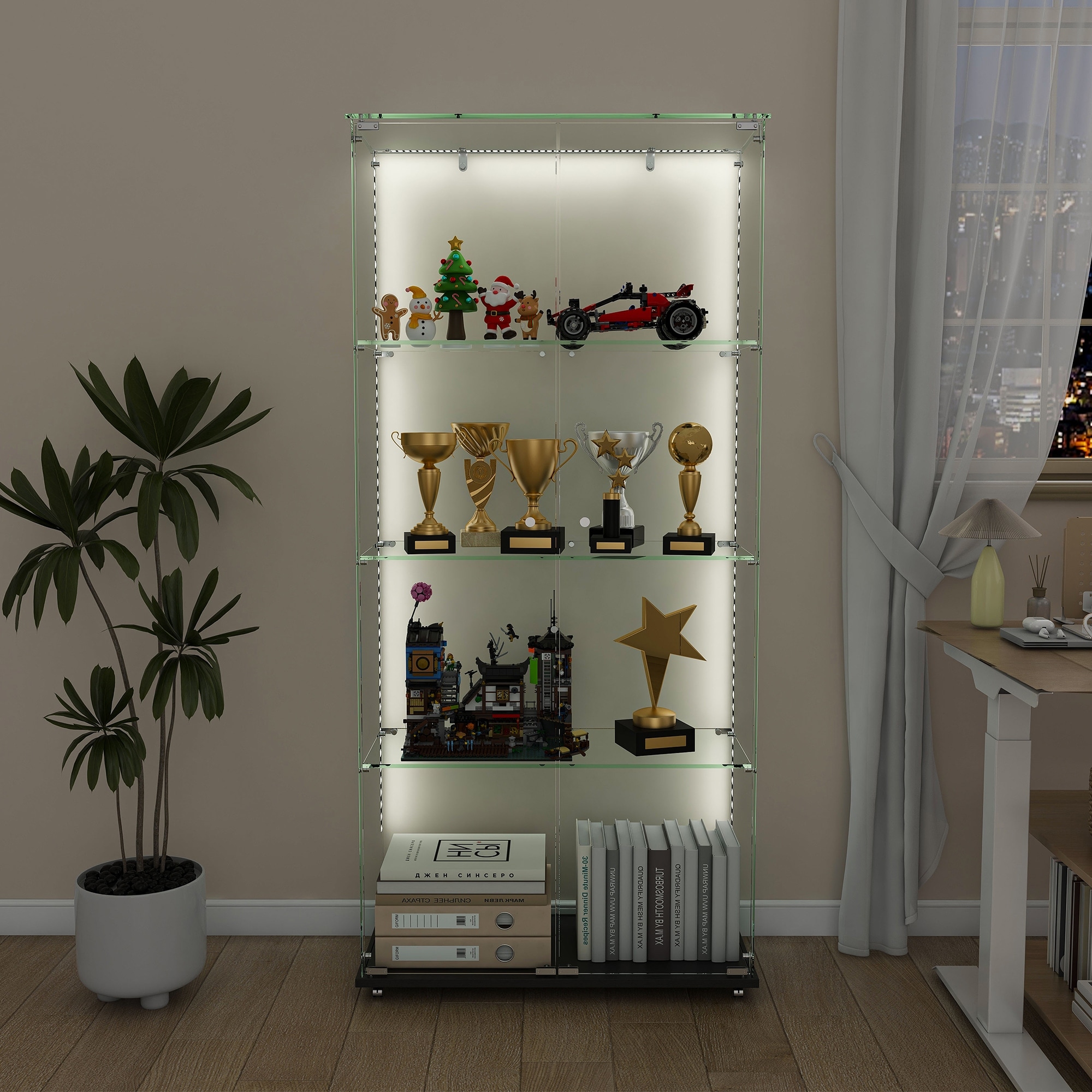 Roomfitters Glass Display Cabinet with Lighting, 4 Tier Curio Case for Collectibles, Floor Standing Showcase, Black