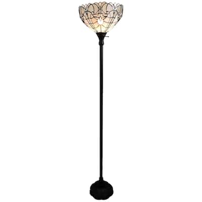 Brown Metal Torchiere Floor Lamp with White Stained-Glass Dome Shade - 14” x 14” x 62” (D x W x H)