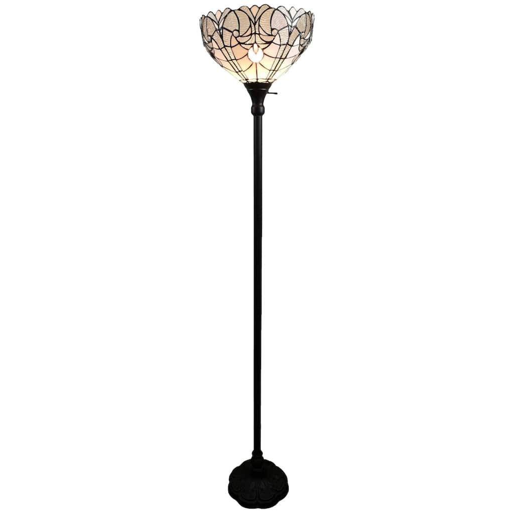 Brown Metal Torchiere Floor Lamp with White Stained-Glass Dome Shade - 14” x 14” x 62” (D x W x H)
