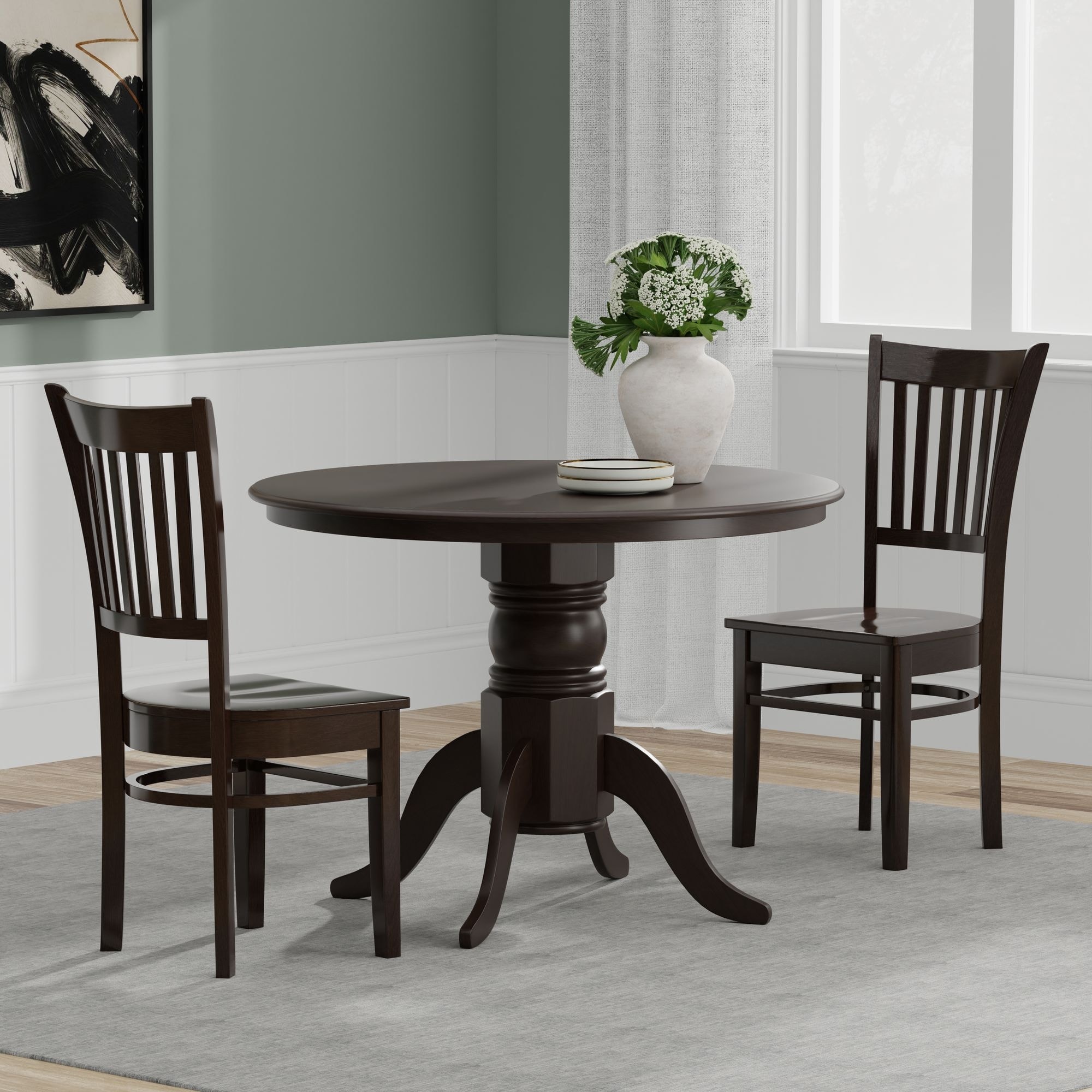 3-Piece Dining Set, 42" Round Pedestal Table and Spindle Chairs
