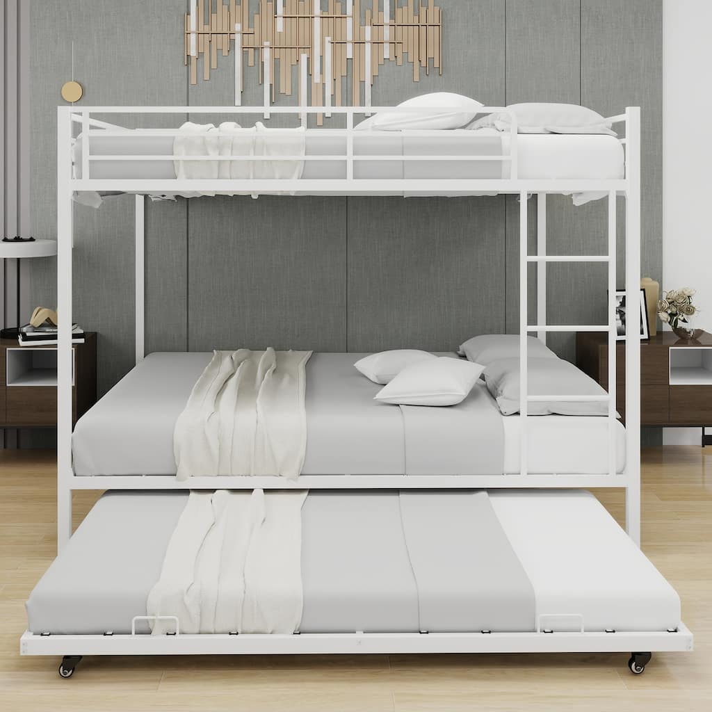 Queen Size Iron Bunk Bed with Safety Rails, Trundle, and Modern Minimalist Design