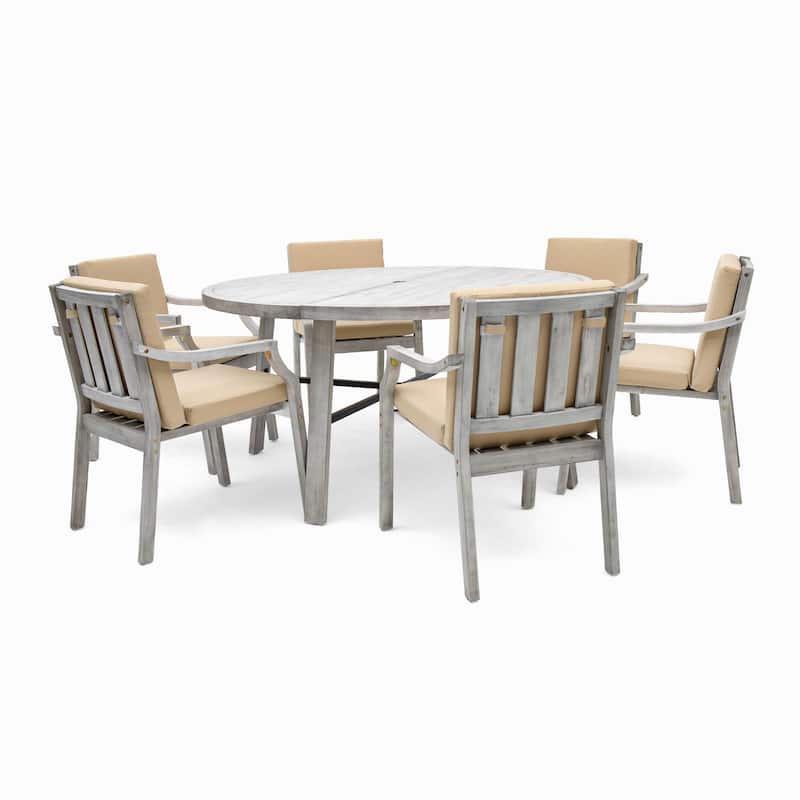 Roomfitters 6-Person Outdoor Wooden Dining Set with Umbrella Hole & Removable Cushions for Patio or Garden, Antique Gray