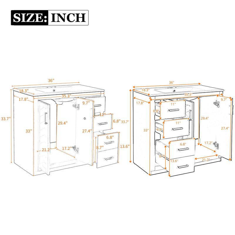 Roomfitters 72 Inch Bathroom Vanity with Ceramic Sink, Solid Wood Frame Cabinet with Sliding Tiers & Soft Close Doors, White
