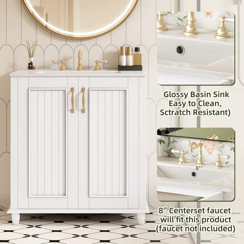 30 Inch Bathroom Vanity with Ceramic Sink, Hidden Drawer, Storage Cabinet