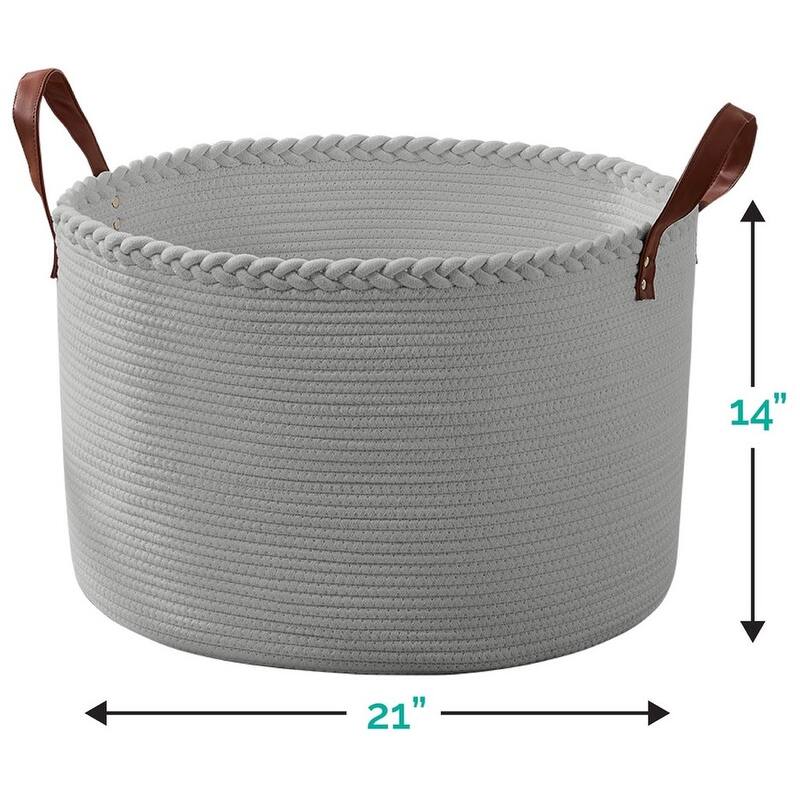 Large Round Cotton Rope Storage Basket Laundry Hamper with Leather Handles, 21 x 21 x 14 - 21" x 21" x 14"