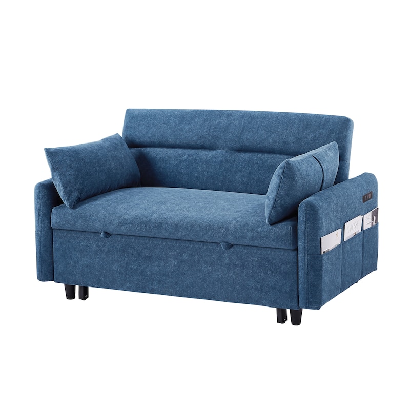 3-in-1 Pull Out Sofa Bed, Couch Bed with Adjsutable Back and Storage Pockets, 2 Seater Sofa with 2 Soft Pillows and USB Ports