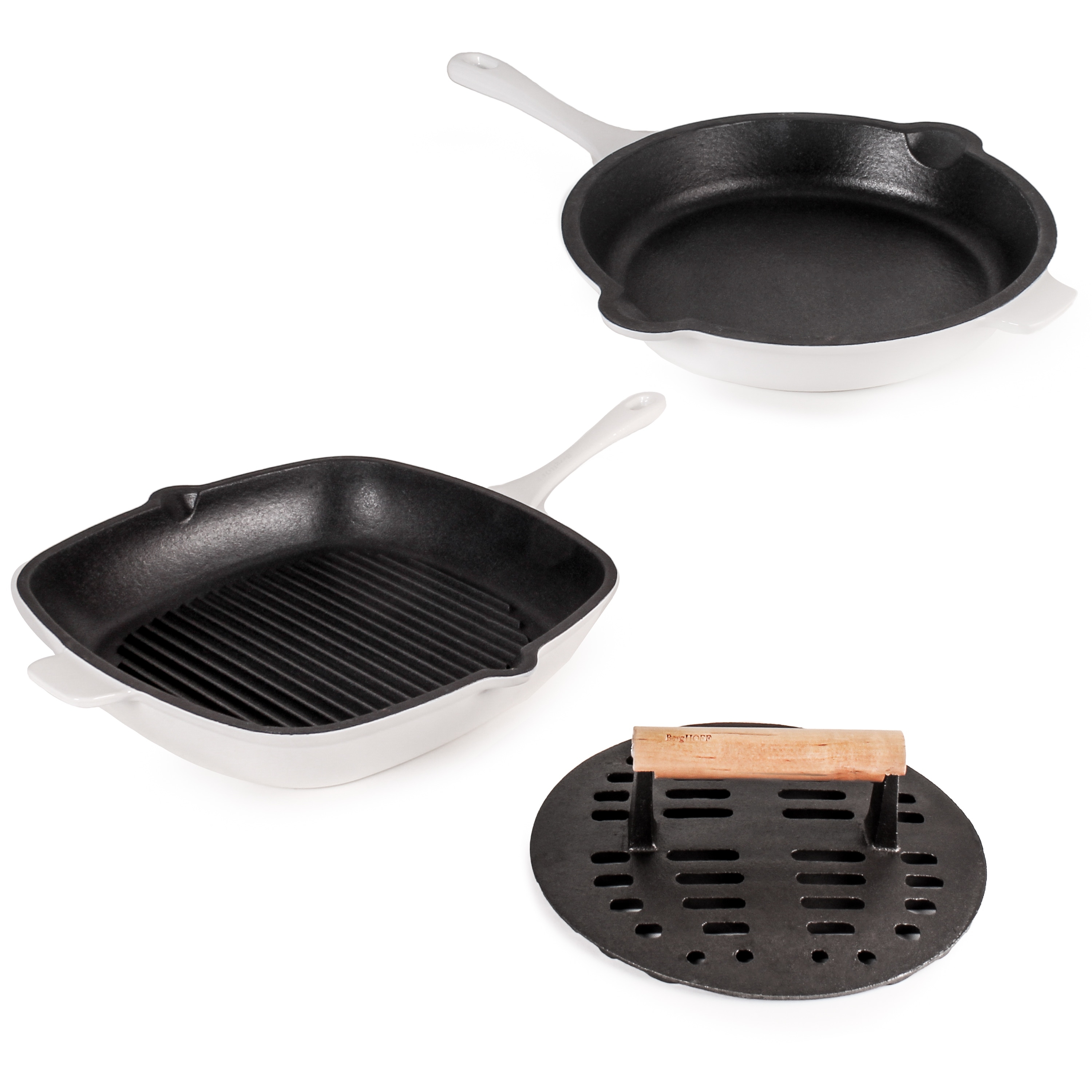 Neo 3pc Cast Iron Set Fry Pan Grill Pan & Slotted Steak Press