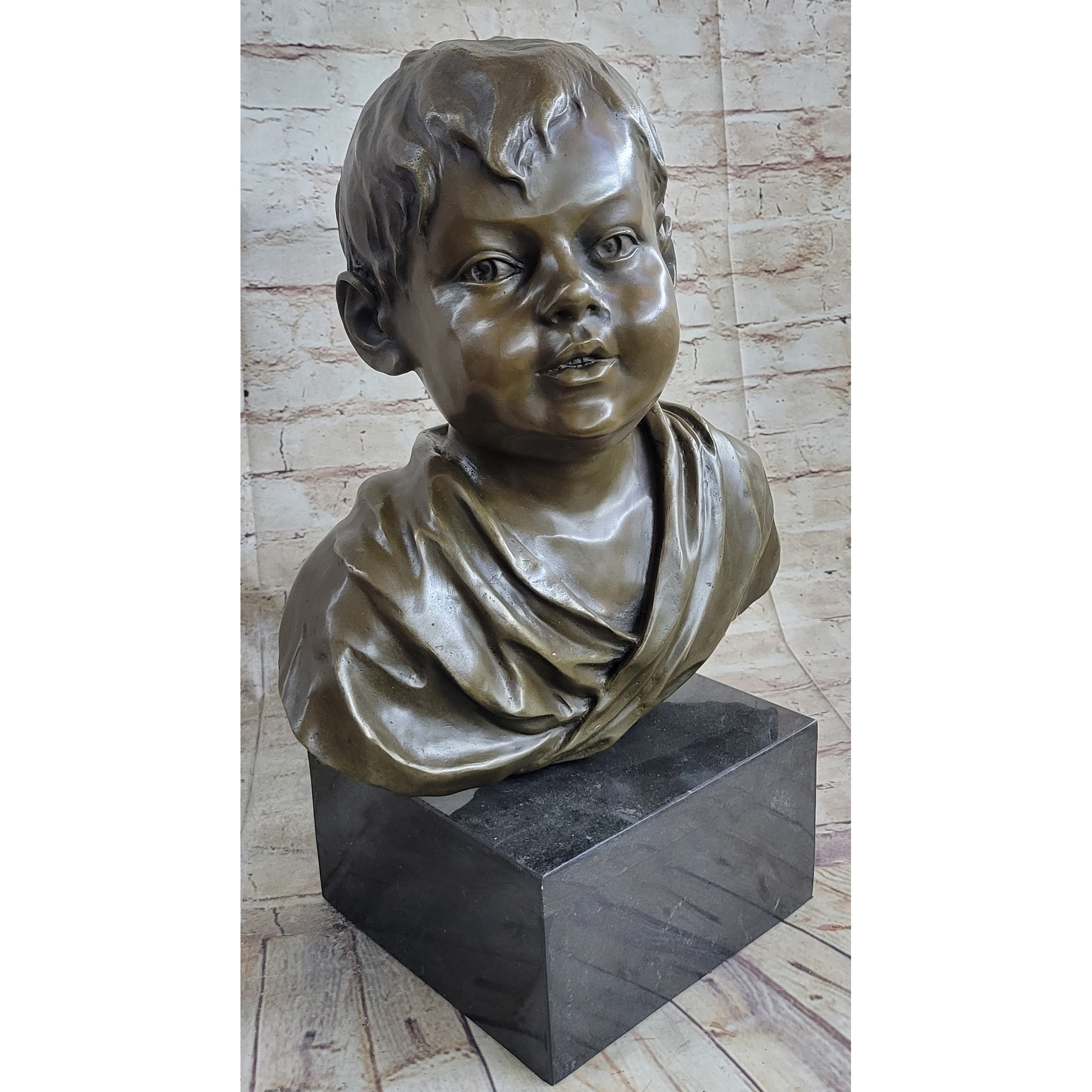 Bronze Metal Bust Statue Sculpture Of Young Boy Child On Marble Base Signed Original Art