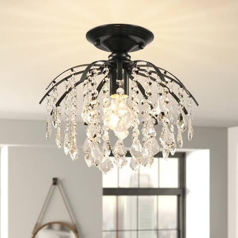 11.4" 1-Light Black Semi-Flush Mount Ceiling Light with Crystal Beads Accent Prism teardrop