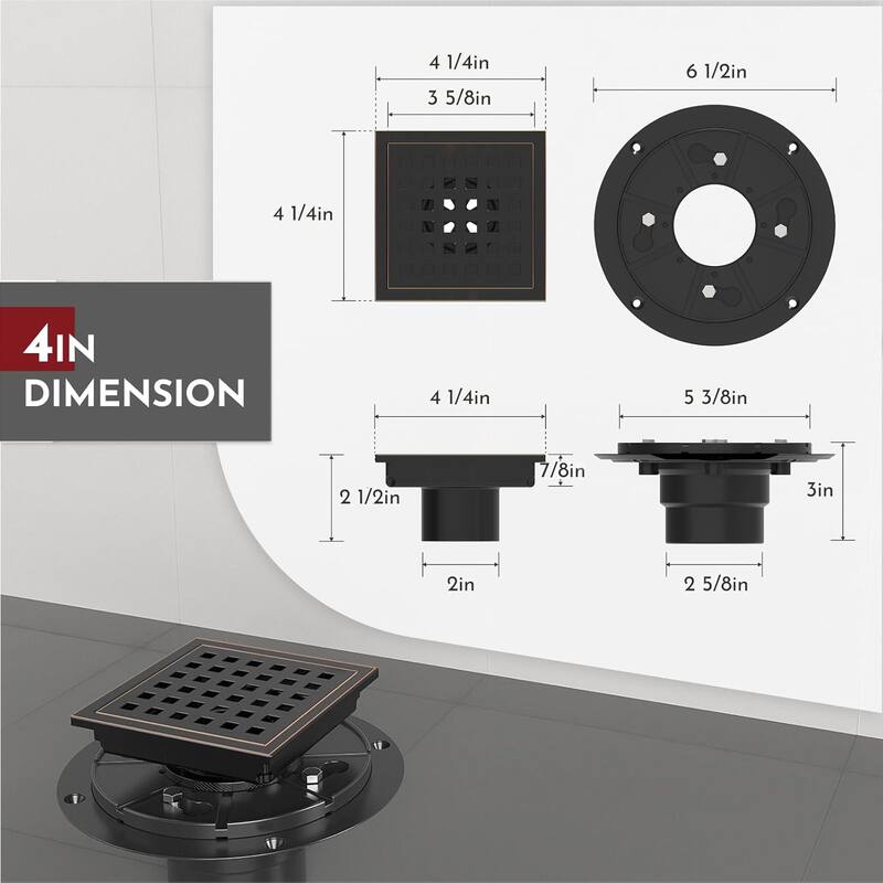 4-Inch Square Shower Floor Drain, Quadrato Pattern Grate - 4 inch