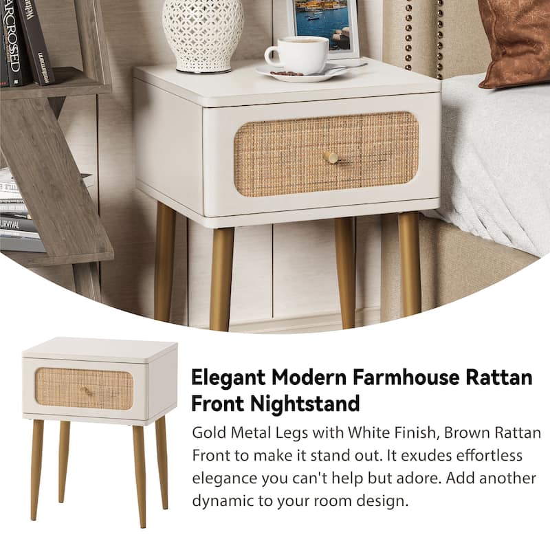 COZAYH Farmhouse Wicker Rattan Nightstand, Boho Mid-Century Coastal Wooden Bedside Table, Wooden Storage Cabinet