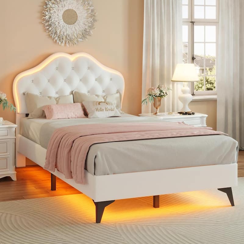 Girls Bed Frame Princess Platform Bed Crystal Button Headboard - Beige - Queen
