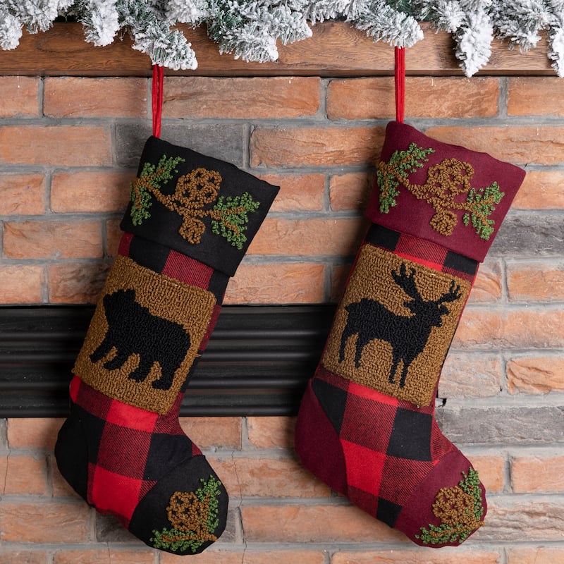 Glitzhome 19"L Plaid Hooked Stocking Reindeer Bear
