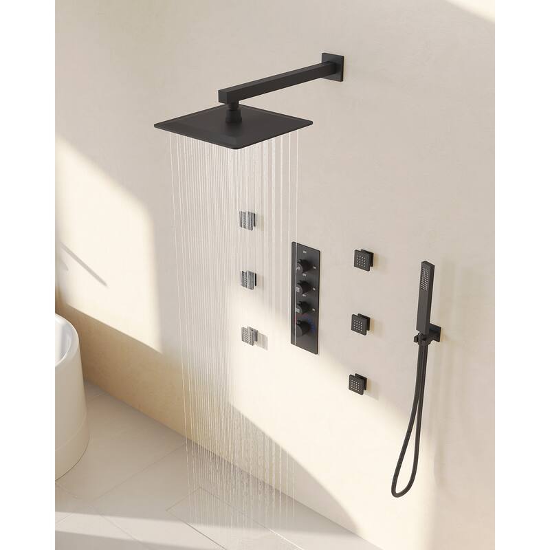 GRANDJOY Thermostatic Shower Faucet Set 12 inch Wall Mount Rainfall Shower Head with 6 Body Jets and Handheld Spray Combo