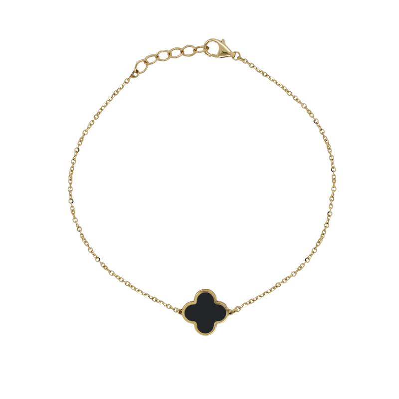 Italian Gold 14K Yellow Gold Single Clover Bracelet - Made in Italy 15mm Clover Size 1.40 grams - Onyx