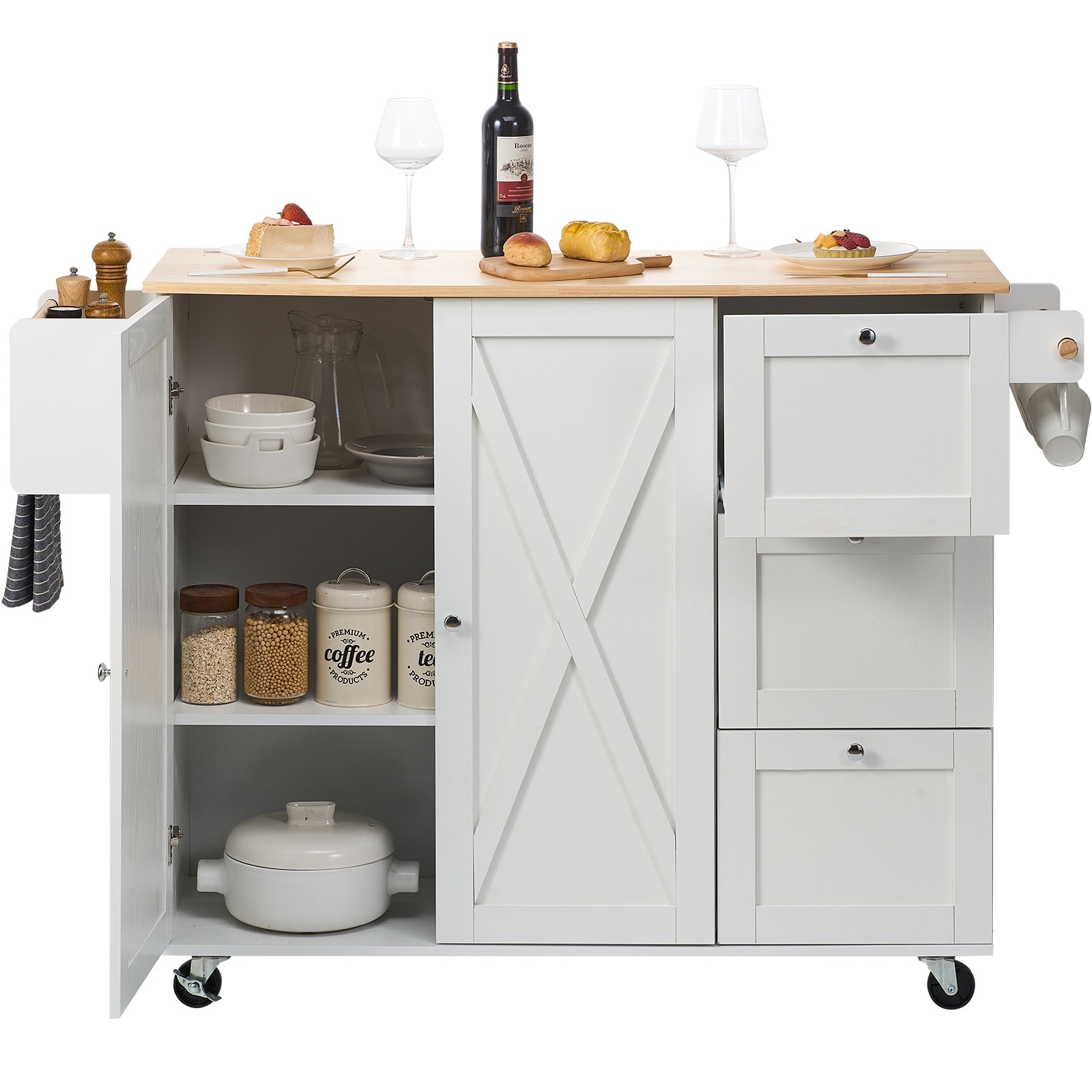 Kitchen Island with Storage Cabinet and Drop Leaf, Rolling Kitchen Table Mobile Carts with Spice Rack