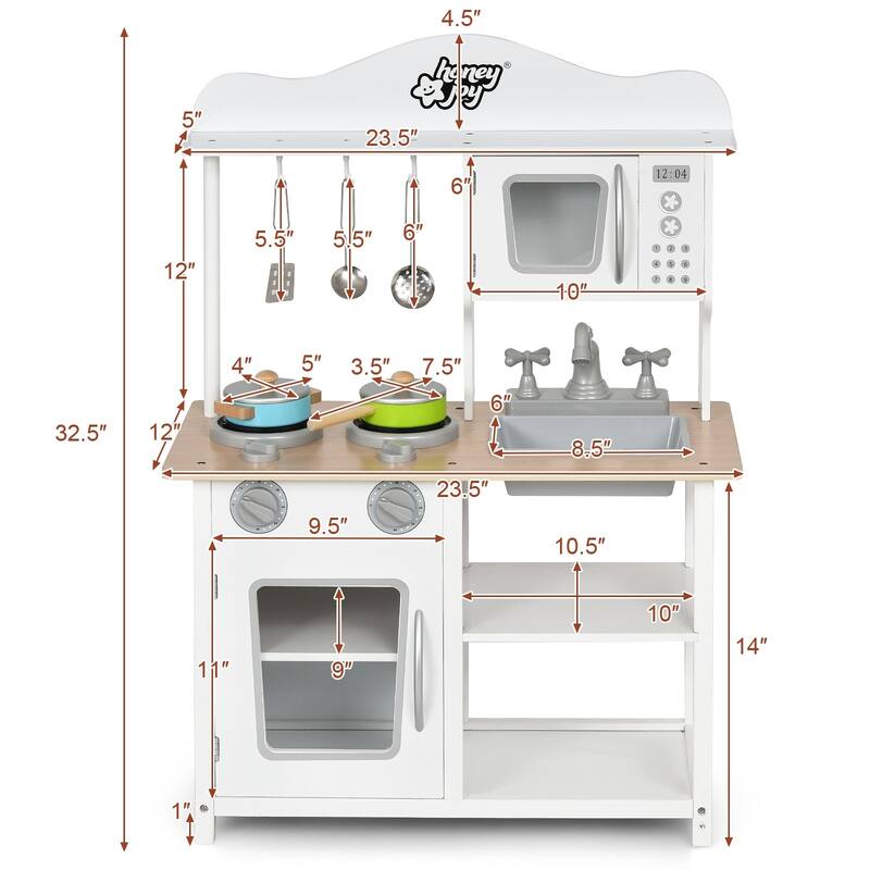 Wooden Pretend Play Kitchen Set for Kids with Accessories and Sink - 23.5" x 12" x 32.5" (L x W x H)