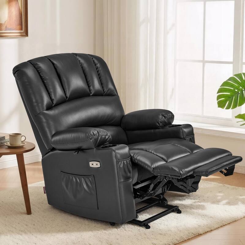 Power Lift Recliner Chair for Elderly, Massage and Heat, Faux Leather & Fabric - Faux Leather-Grey