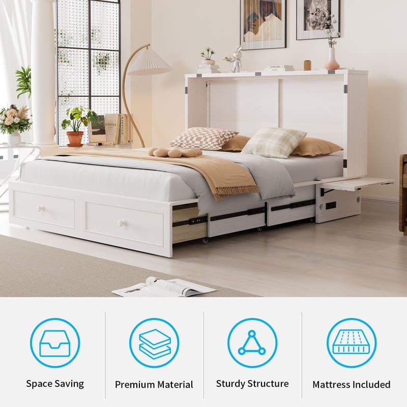 Mixoy Modern Queen Murphy Bed Chest with Foldable Mattress and USB ports