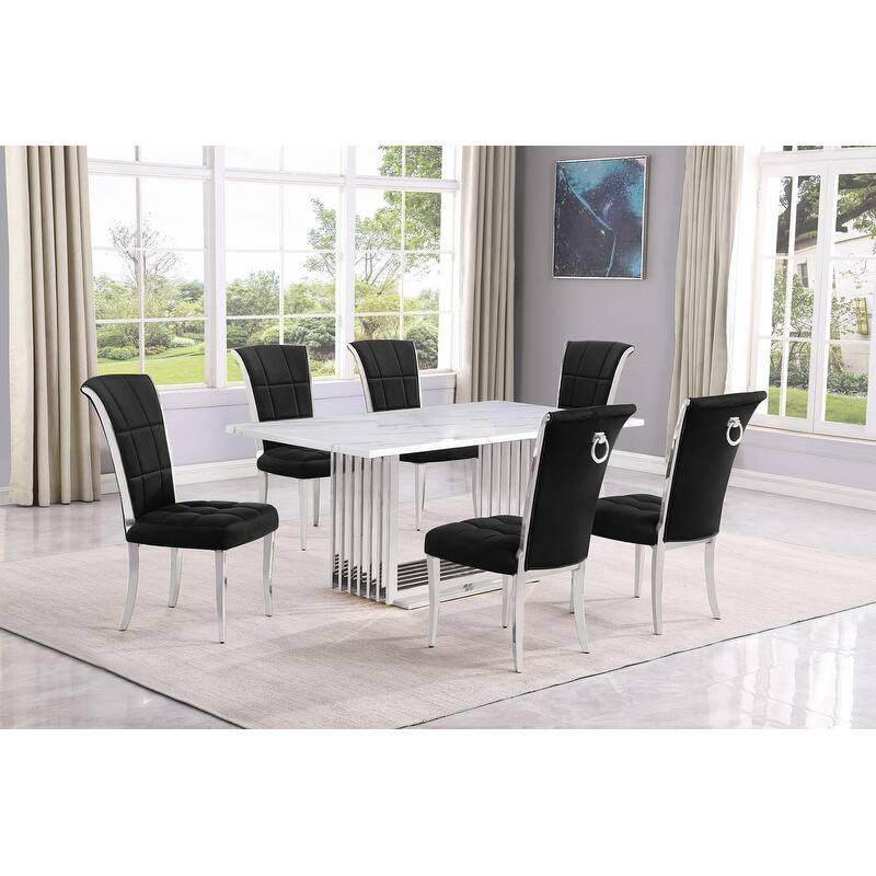 Best Quality Furniture D310/1-SC320-7 Dining Set with 68" White Marble Top - 7-Piece - Black / Silver