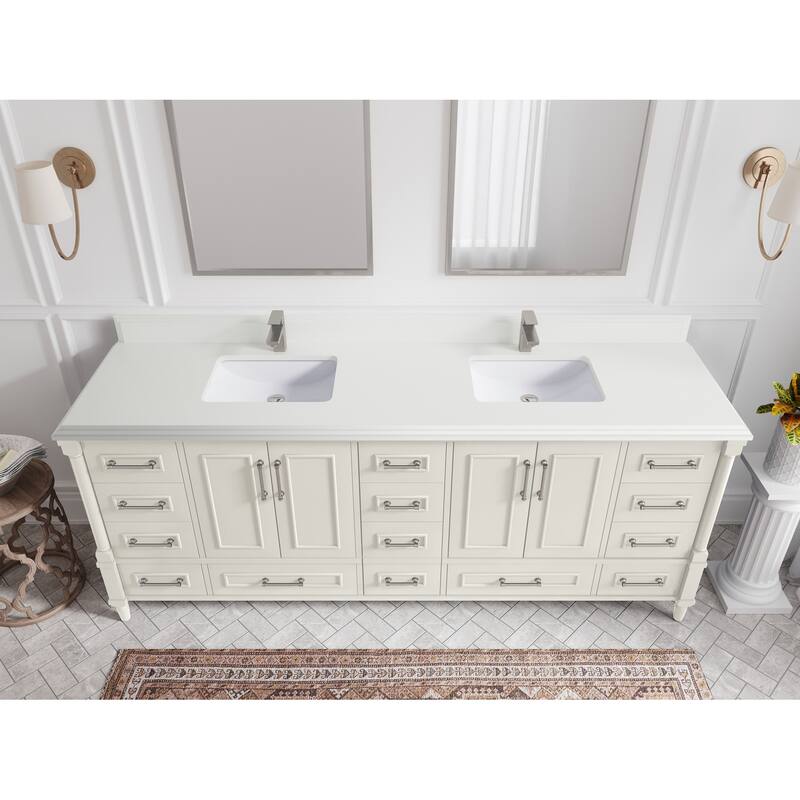 Willow Collections 84 in. W x 22 in. D Aberdeen Double Bowl Sink Bathroom Vanity with Countertop - 1.5" White Quartz - Ivory
