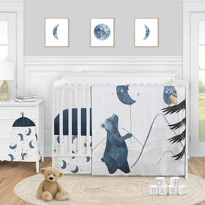 Woodland Bear and Owl Boy or Girl 4pc Nursery Crib Bedding Set - Navy Blue Grey Gold Black Celestial Moon Star Watercolor Forest