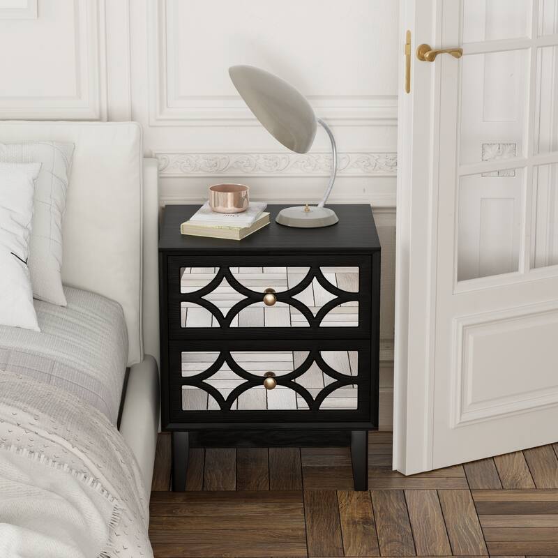 COZAYH Contemporary 2-Drawer Nightstand with Mirror Fronts, Elegant Geometric Design Bedside Table for Bedroom - Black