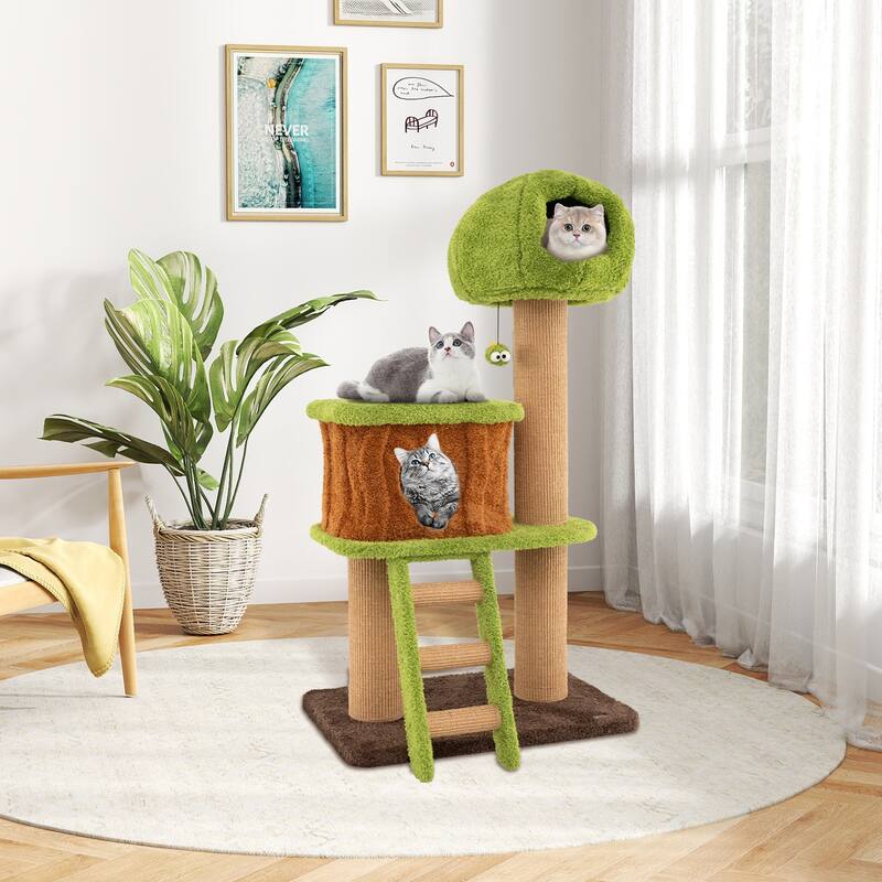 Cute Cat Tree with Mushroom-Shaped Nest Condo and Climbing Ladder for Indoor Cats - 30" x 20" x 56" - Green-Brown-Natural