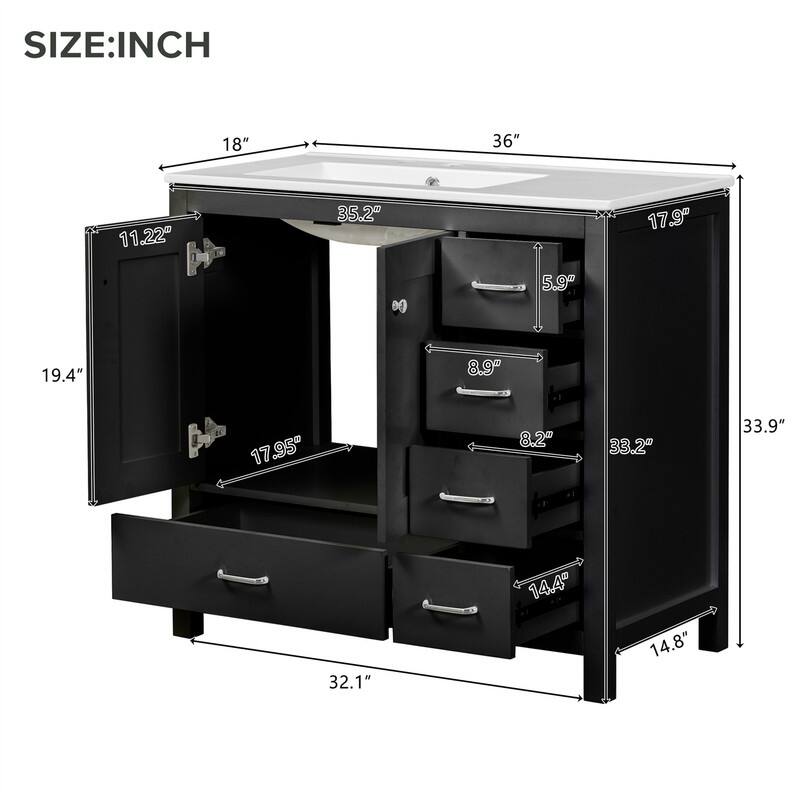 36'' Bathroom Vanity with Ceramic Sink Combo, Modern Bathroom Vanity Cabinet with 2 Soft Close Doors and 5 Storage Drawers