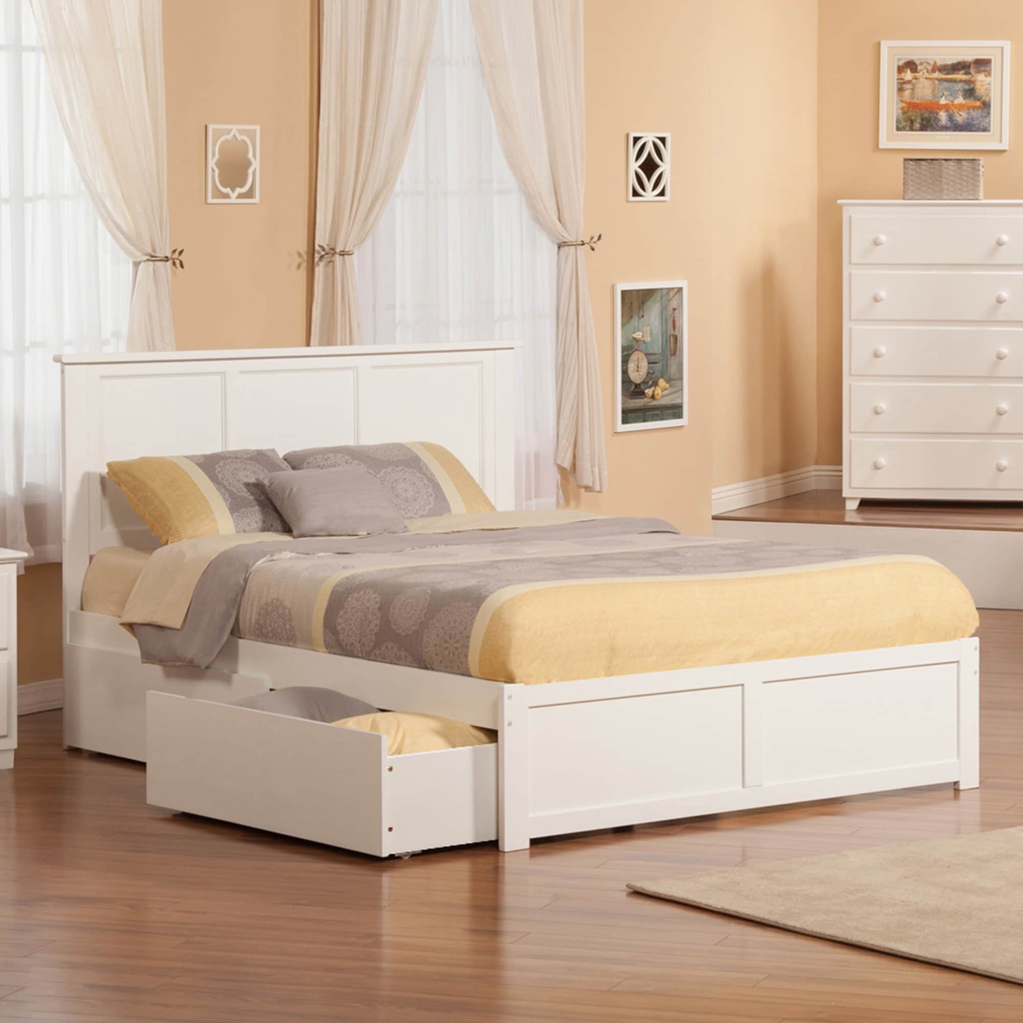 Madison King Solid Wood Platform Bed with Footboard & 2 Storage Drawers in White