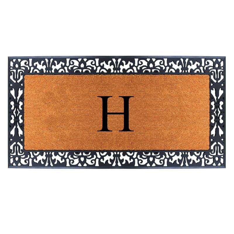 A1HC Rubber and Coir Paisley Border Heavy Duty Non-Slip Durable Double Door Monogrammed Doormat 30"X60", Black - H   