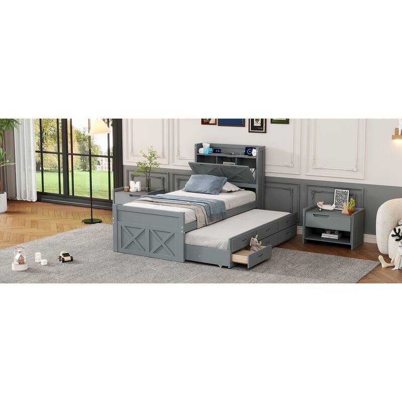 Extendable Wooden Platform Bed with Storage Headboard,Three Storage Drawers and Trundle
